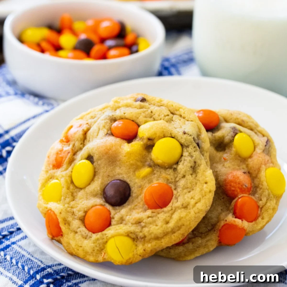 Soft Baked Reeses Pieces Cookies 2 Soft-Baked Reese's Pieces Cookies on a plate, showcasing their delightful texture and vibrant candies.