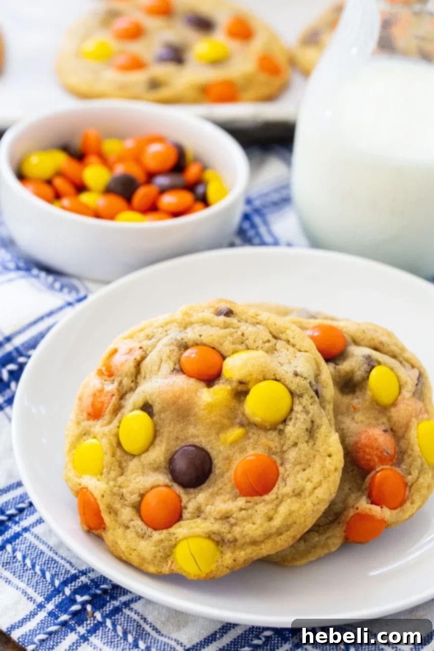 Soft Baked Reeses Pieces Cookies 4 A single, perfectly soft Soft Baked Reese's Pieces Cookie on a small white plate, ready to be enjoyed.