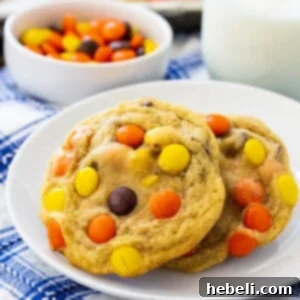 Soft-Baked Reese's Pieces Cookies on a plate.
