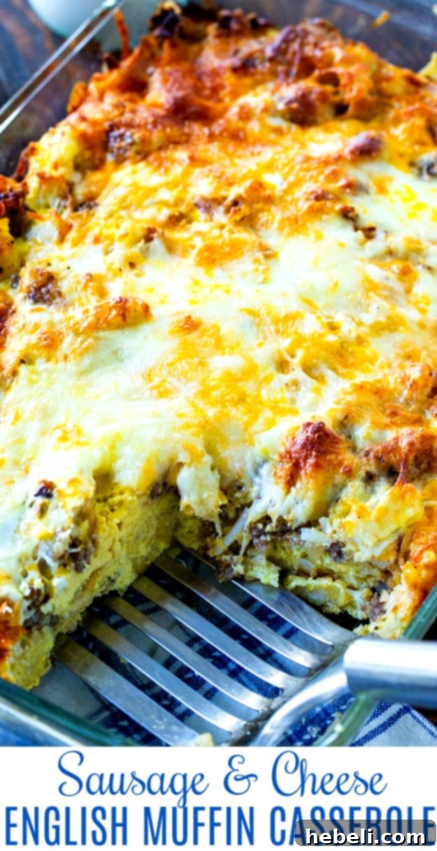 A close-up view of the rich, bubbly top of the Sausage & Cheese English Muffin Breakfast Casserole, showcasing the melted cheese and browned sausage, emphasizing its easy, make-ahead appeal.