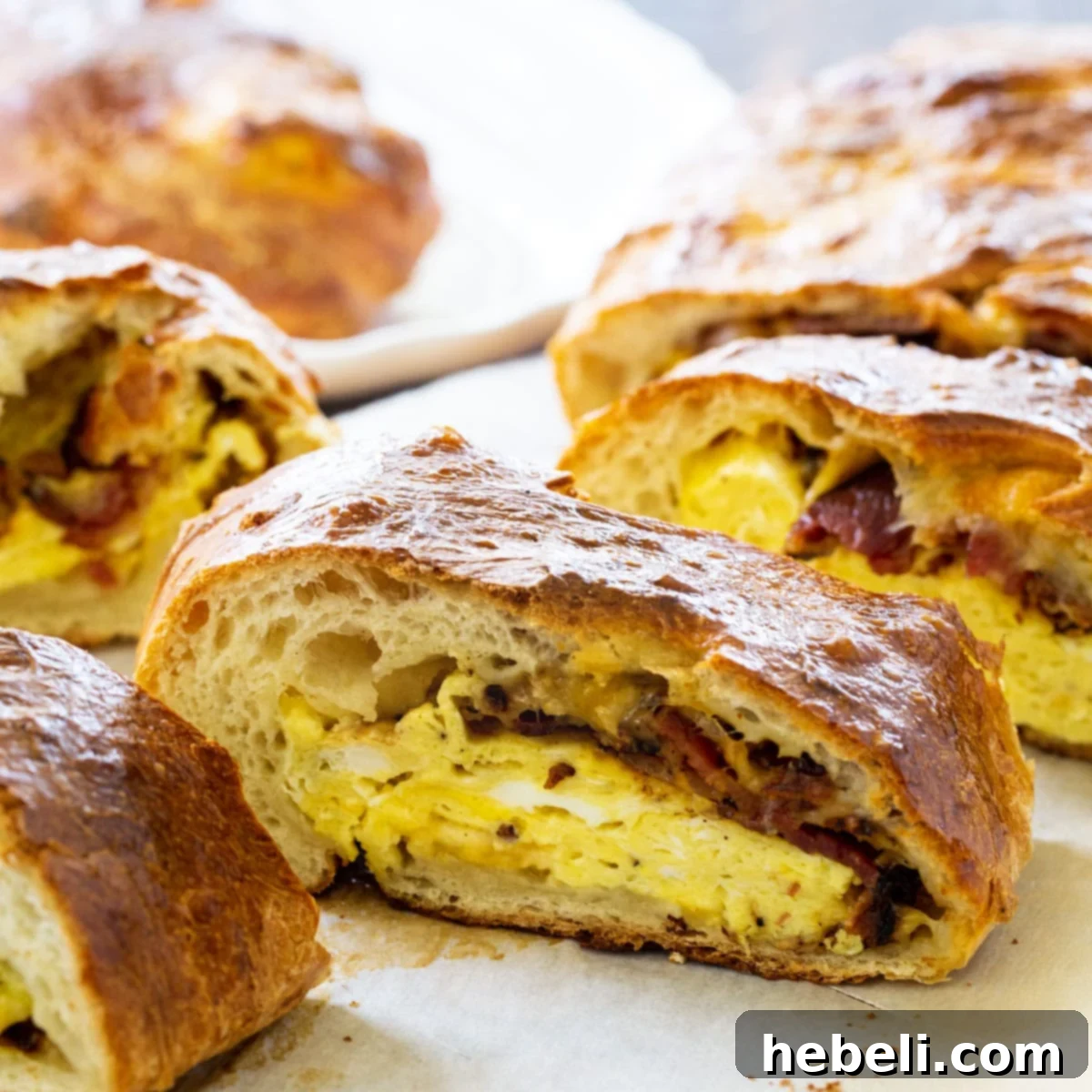 Slices of Breakfast Stromboli with eggs, cheese, and bacon