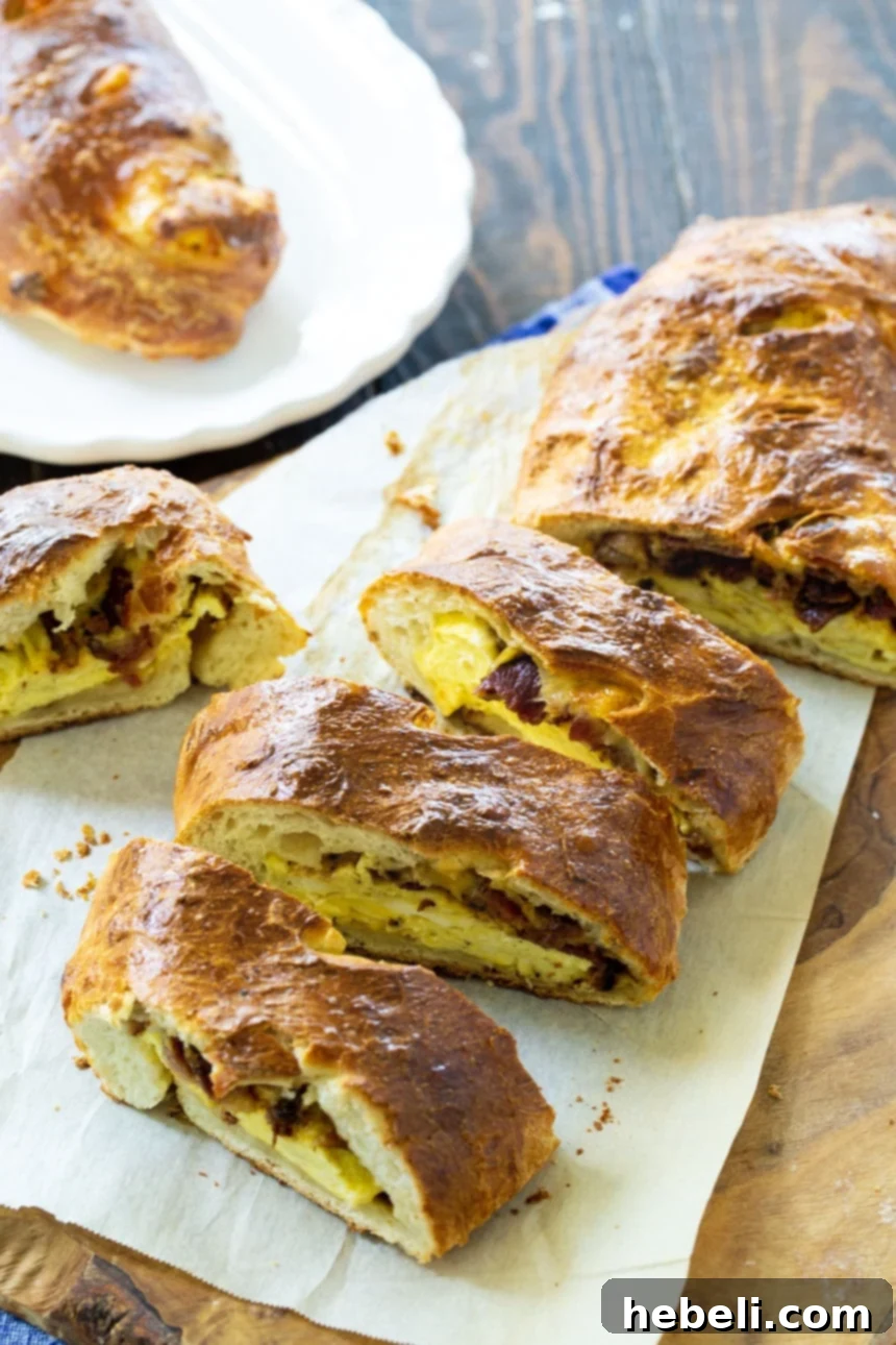 Breakfast Stromboli cut into perfectly baked slices