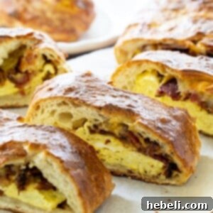 Stromboli filled with eggs, bacon and cheese.