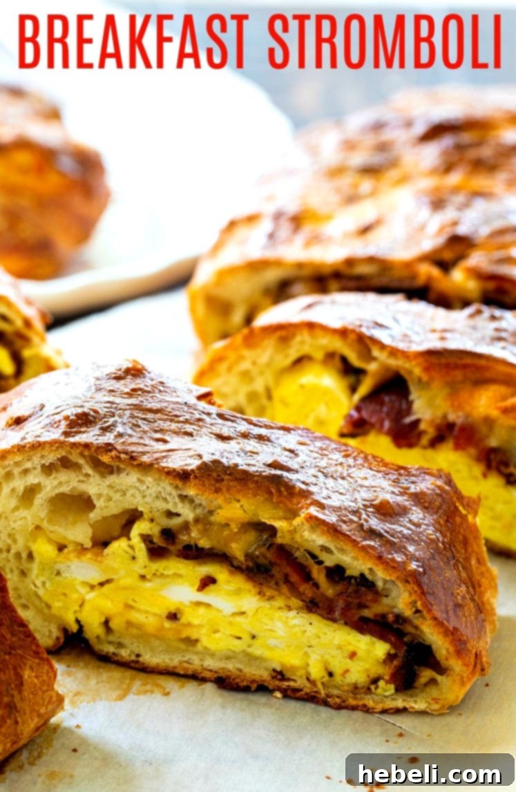 Close-up of a warm, golden Breakfast Stromboli slice