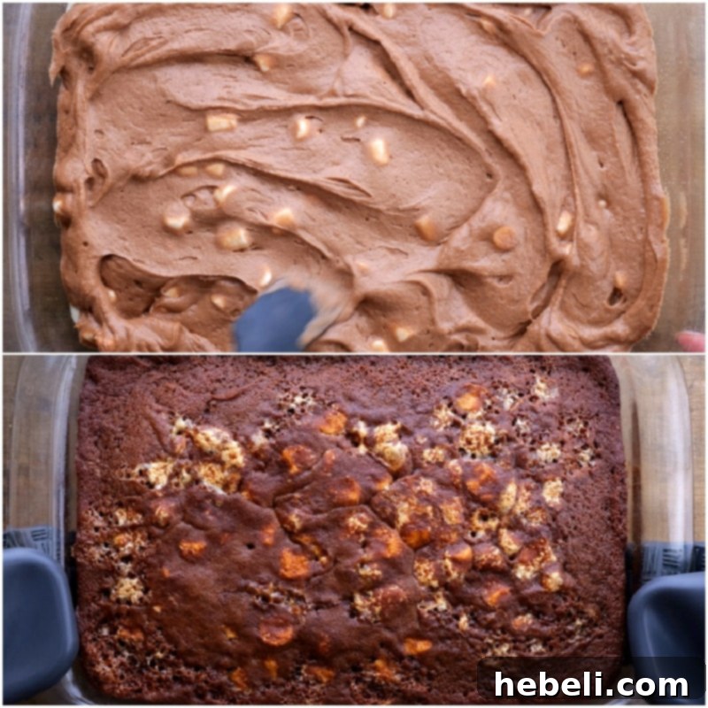 Grandma's Coca-Cola Cake 9 Coca-Cola cake batter in a pan before baking and the golden-brown cake after baking.