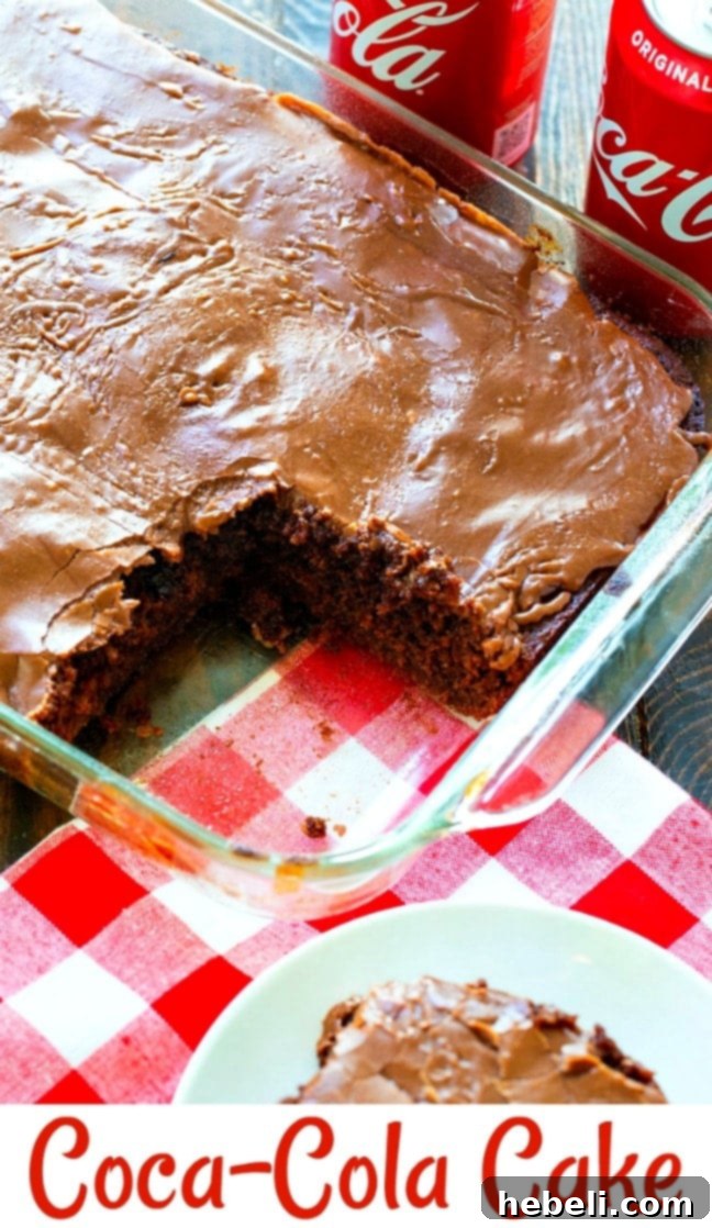 Grandma's Coca-Cola Cake 13 A full Coca-Cola Cake in a 9x13-inch pan, showcasing its generous chocolate icing.