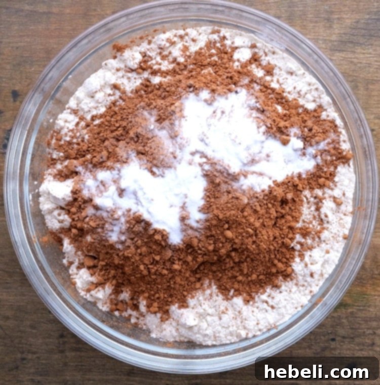 Grandma's Coca-Cola Cake 6 Dry ingredients (flour, cocoa, baking soda) mixed in a bowl.