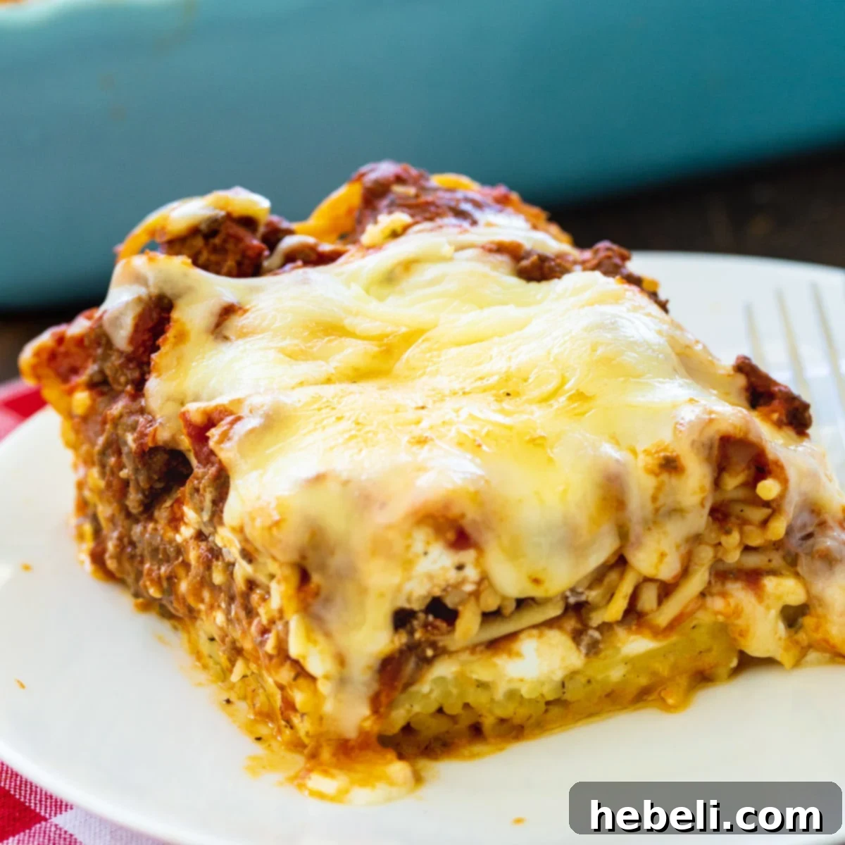 Slice of Spaghetti Casserole on a plate.