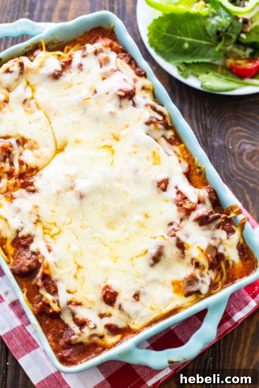 Spaghetti Casserole in a blue baking dish