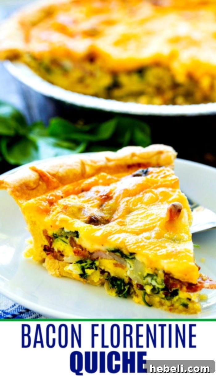 A generous slice of Bacon Florentine Quiche, ready to be served.