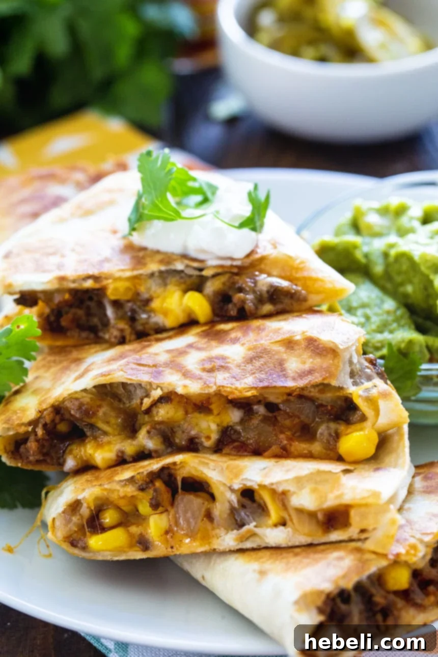 Close-up of a Ground Beef Quesadilla, showing the melted cheese and rich filling inside a crispy tortilla.