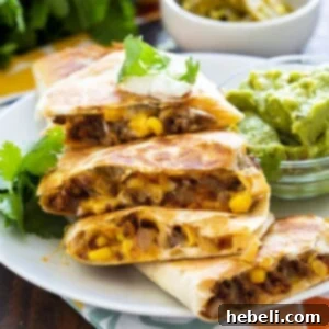 Quesadillas with cheesy ground beef filling on a white plate