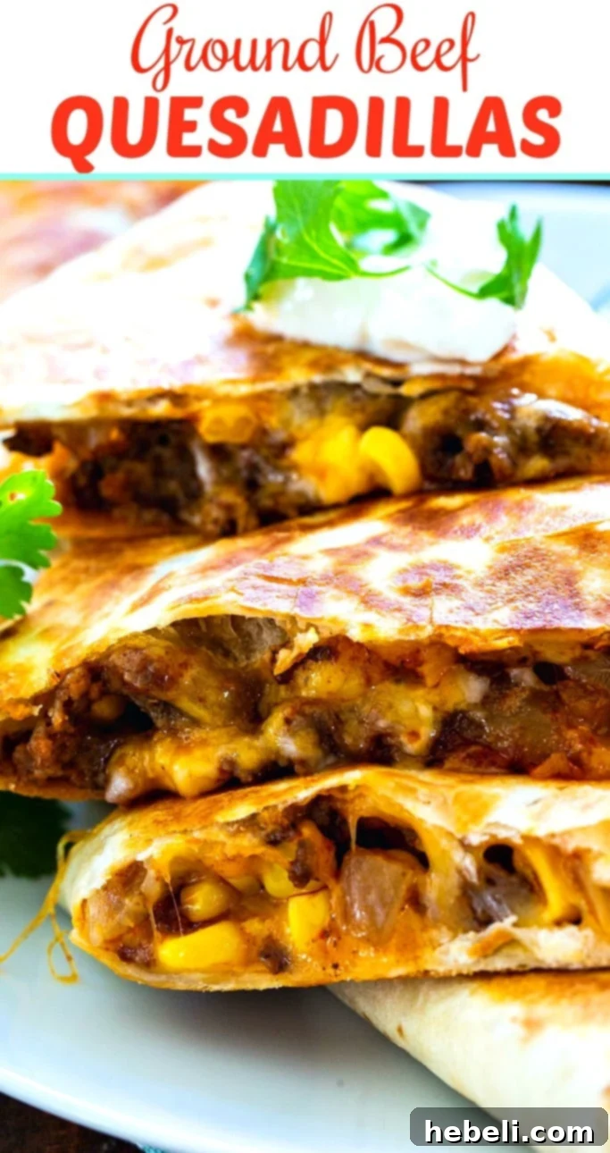 Extremely close-up shot of a Ground Beef Quesadilla wedge, showcasing the melty cheese and juicy beef filling.