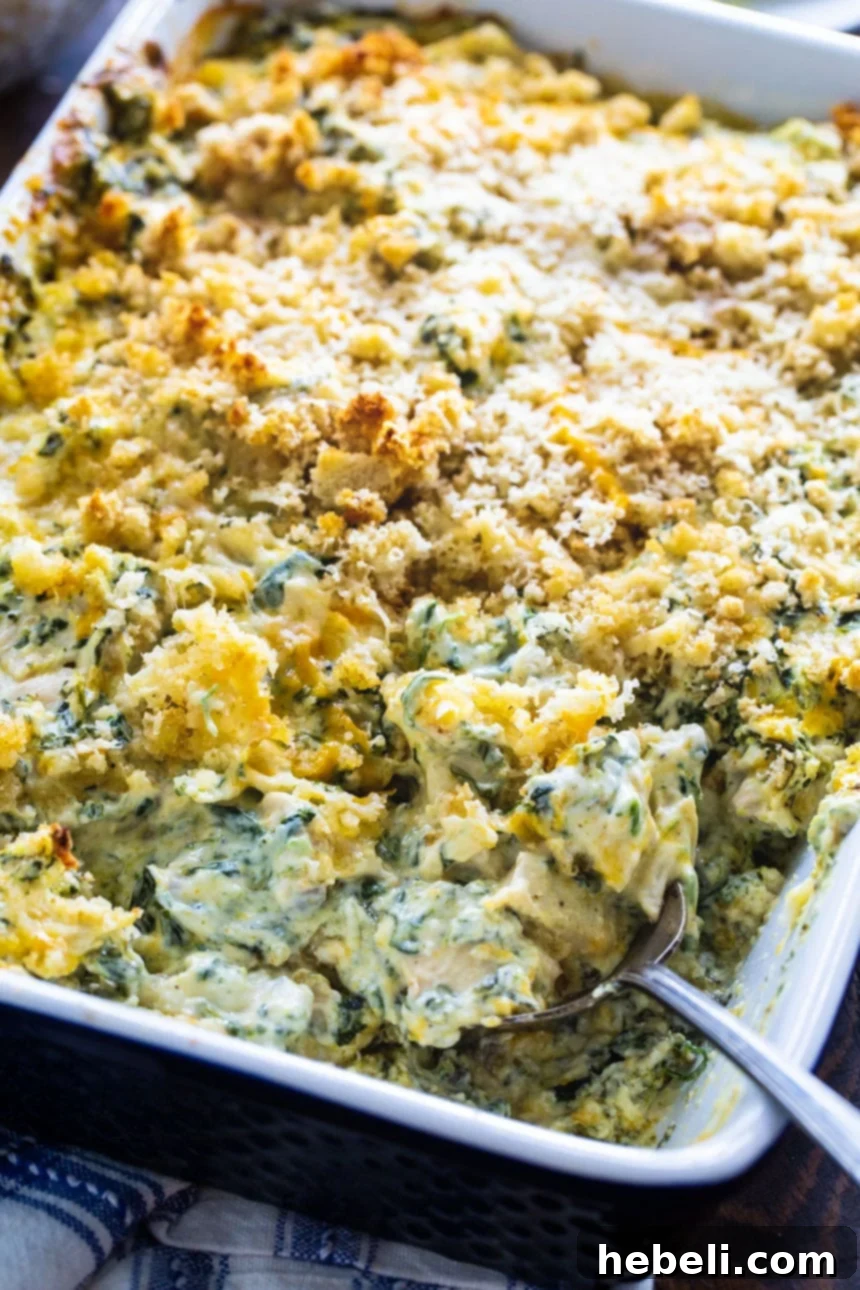 Creamy Chicken Florentine Bake 3 Chicken Florentine Casserole in a baking dish, perfectly golden and bubbly, ready for family dinner.