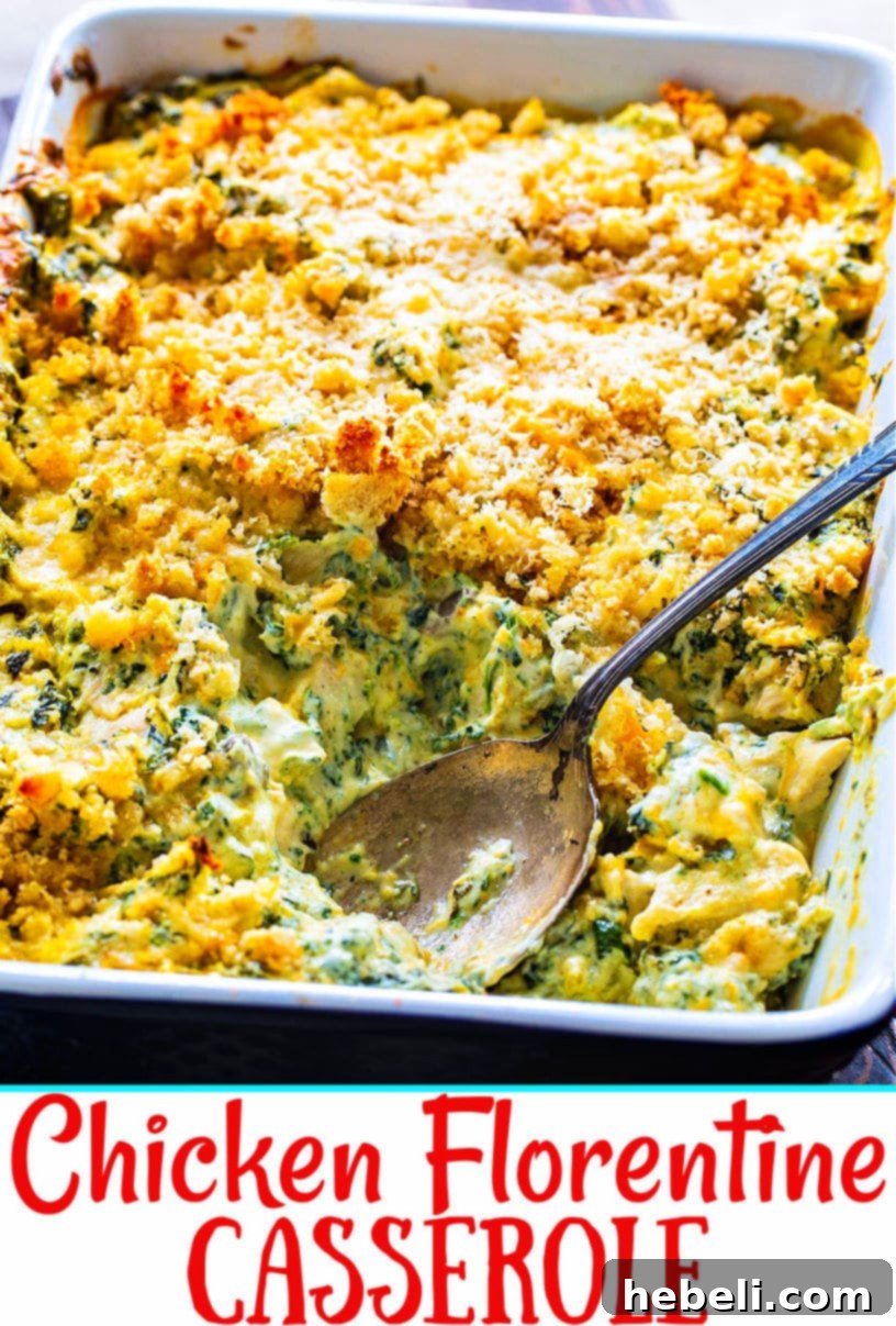 Creamy Chicken Florentine Bake 6 A top-down view of the delicious Chicken Florentine Casserole, showcasing its rich texture, golden crust, and the creamy interior.
