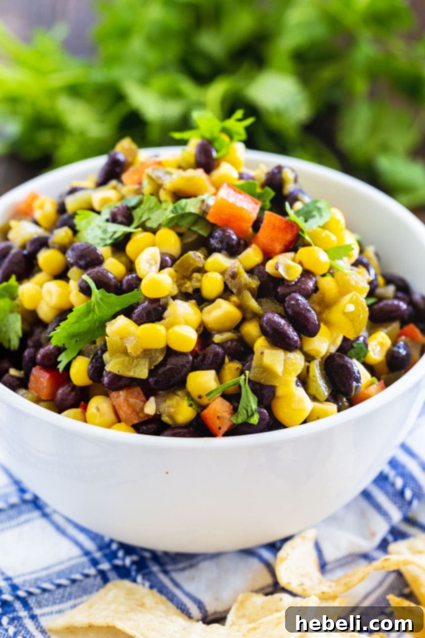 Southwestern Black Bean Corn Salad 4 Black Bean and Corn Salsa in a white bowl.