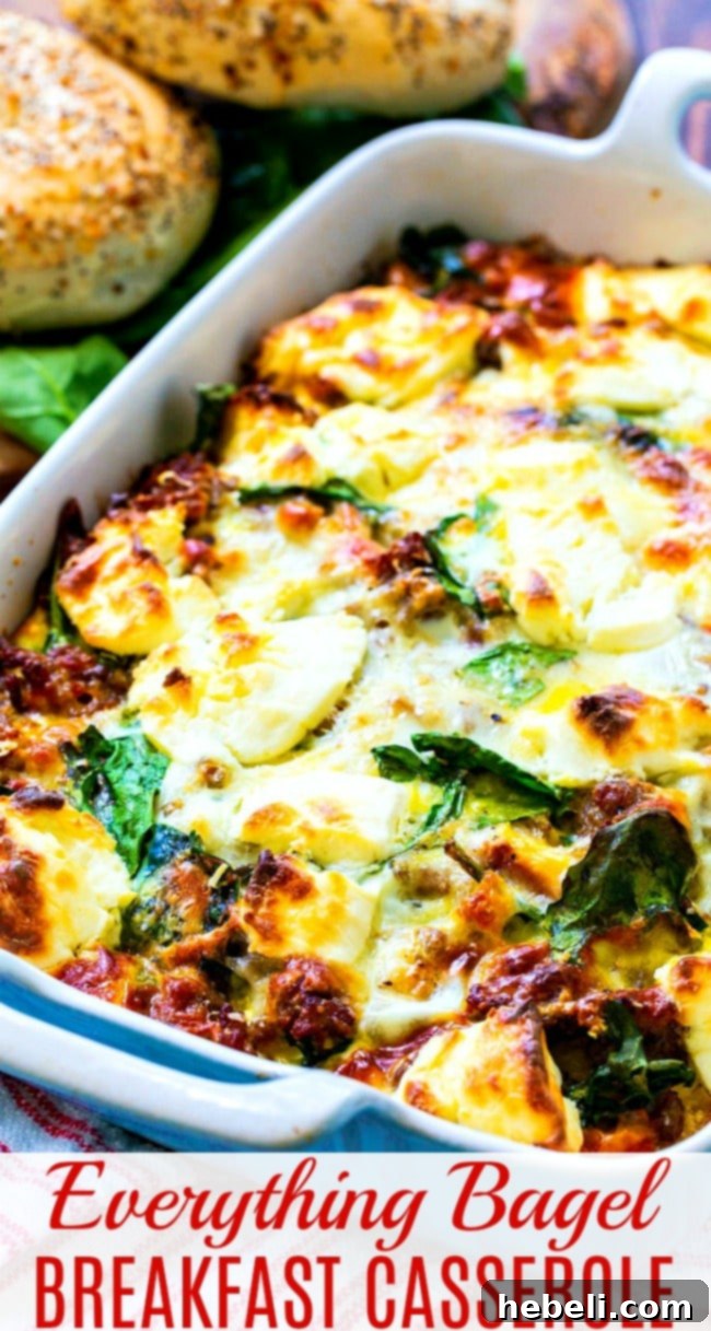 A close-up view of the Everything Bagel Breakfast Casserole, showcasing its inviting golden-brown crust and creamy, rich filling.