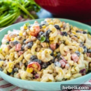 Cowboy Caviar Pasta Salad in a blue bowl.