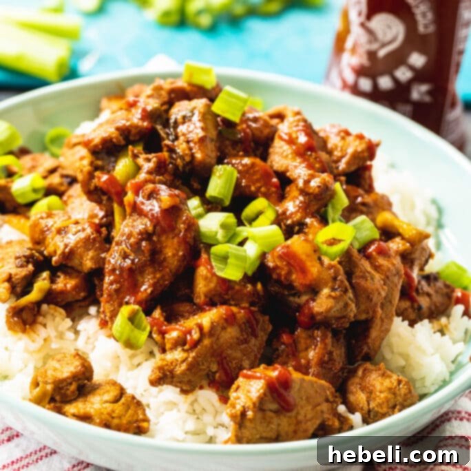 A vibrant bowl of Stir-Fried Spicy Pork served over white rice, garnished with fresh green onions.