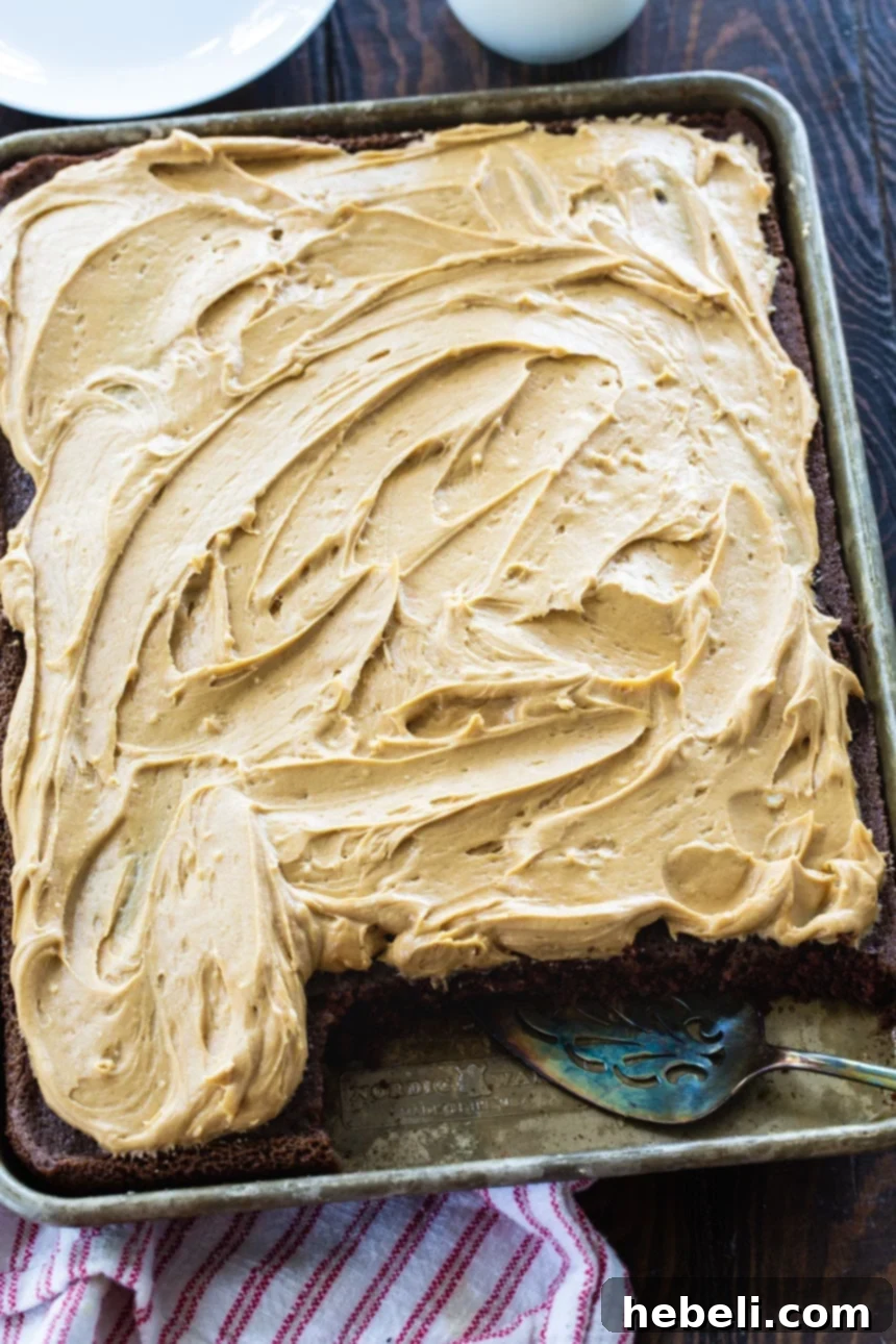 Creamy Peanut Butter Texas Sheet Cake 3 A large Texas Sheet Cake with rich peanut butter frosting spread generously across its surface, still in the jelly roll pan, promising many delicious servings.