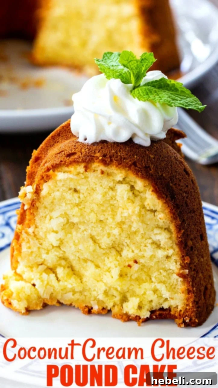 Luscious Coconut Cream Cheese Pound Cake 6 Close-up detailed shot of a slice of Coconut Cream Cheese Pound Cake, highlighting its moist crumb and tender texture.