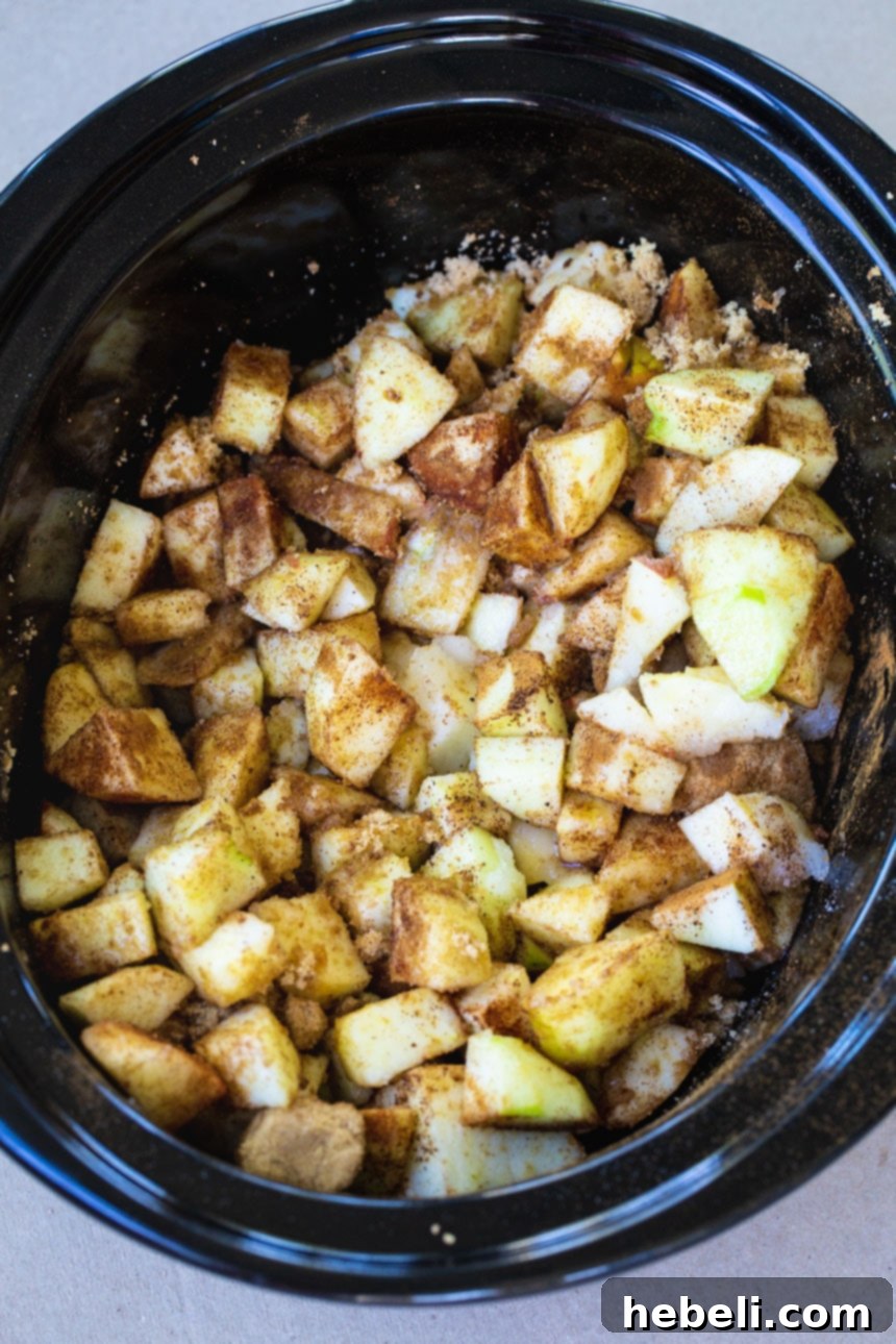 Homemade Slow Cooker Apple Butter 4 Chopped apples in crock pot.
