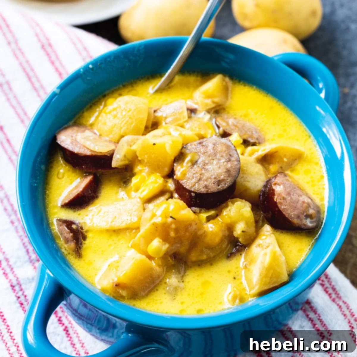 Hearty Slow Cooker Potato and Kielbasa Chowder 2 A steaming bowl of Slow Cooker Potato and Kielbasa Chowder, garnished and ready to eat.