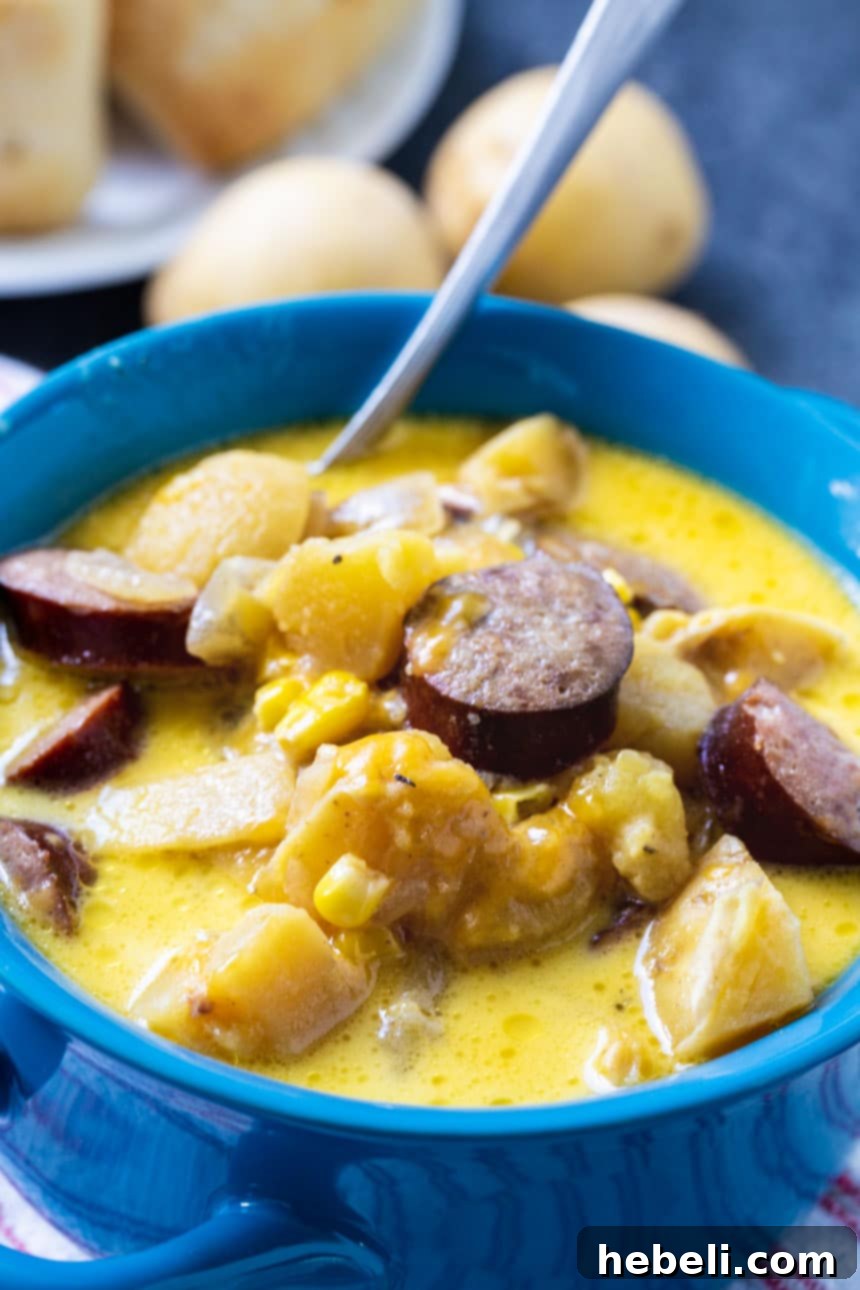 Hearty Slow Cooker Potato and Kielbasa Chowder 4 A blue bowl filled with Slow Cooker Potato and Kielbasa Chowder, with a spoon resting in it.