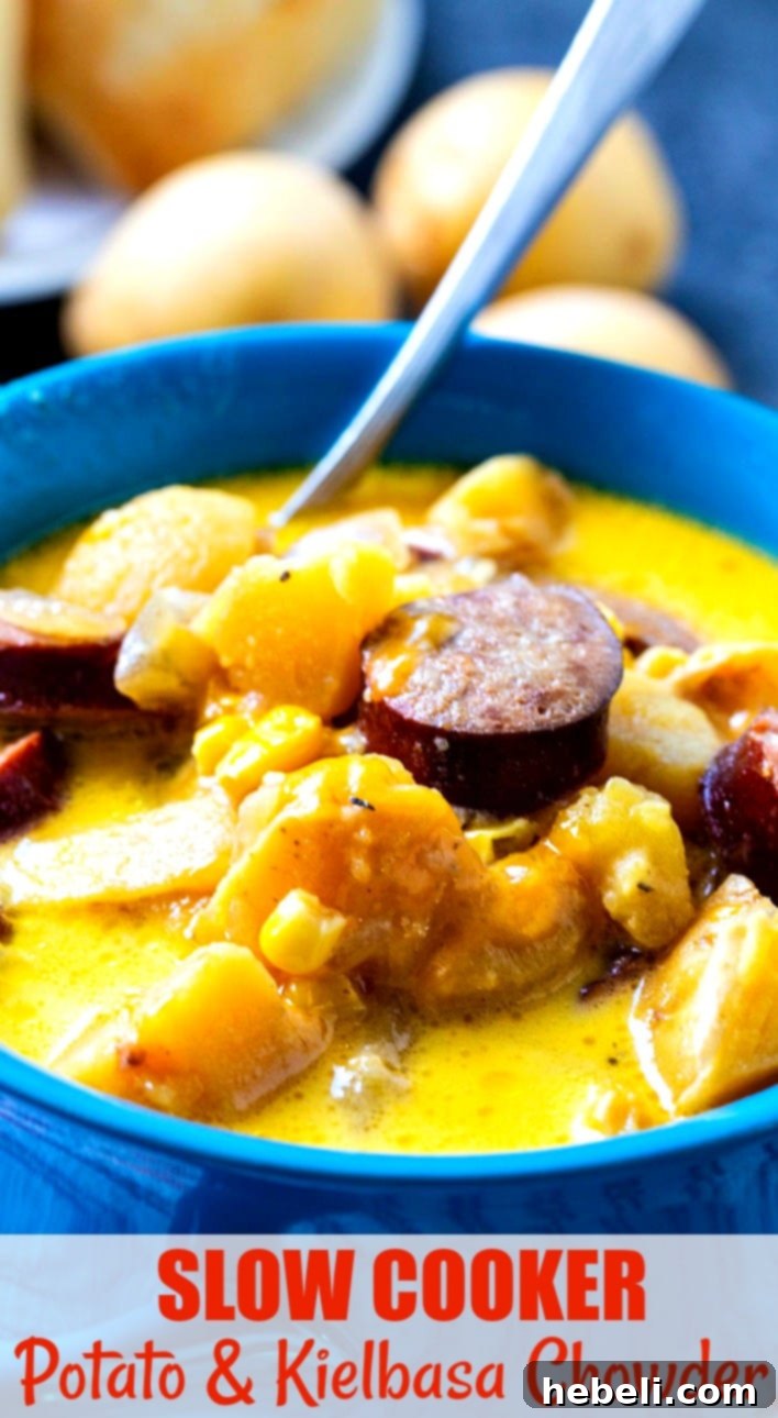 Hearty Slow Cooker Potato and Kielbasa Chowder 6 A close-up shot of the rich, creamy texture of Slow Cooker Potato and Kielbasa Chowder in a bowl.