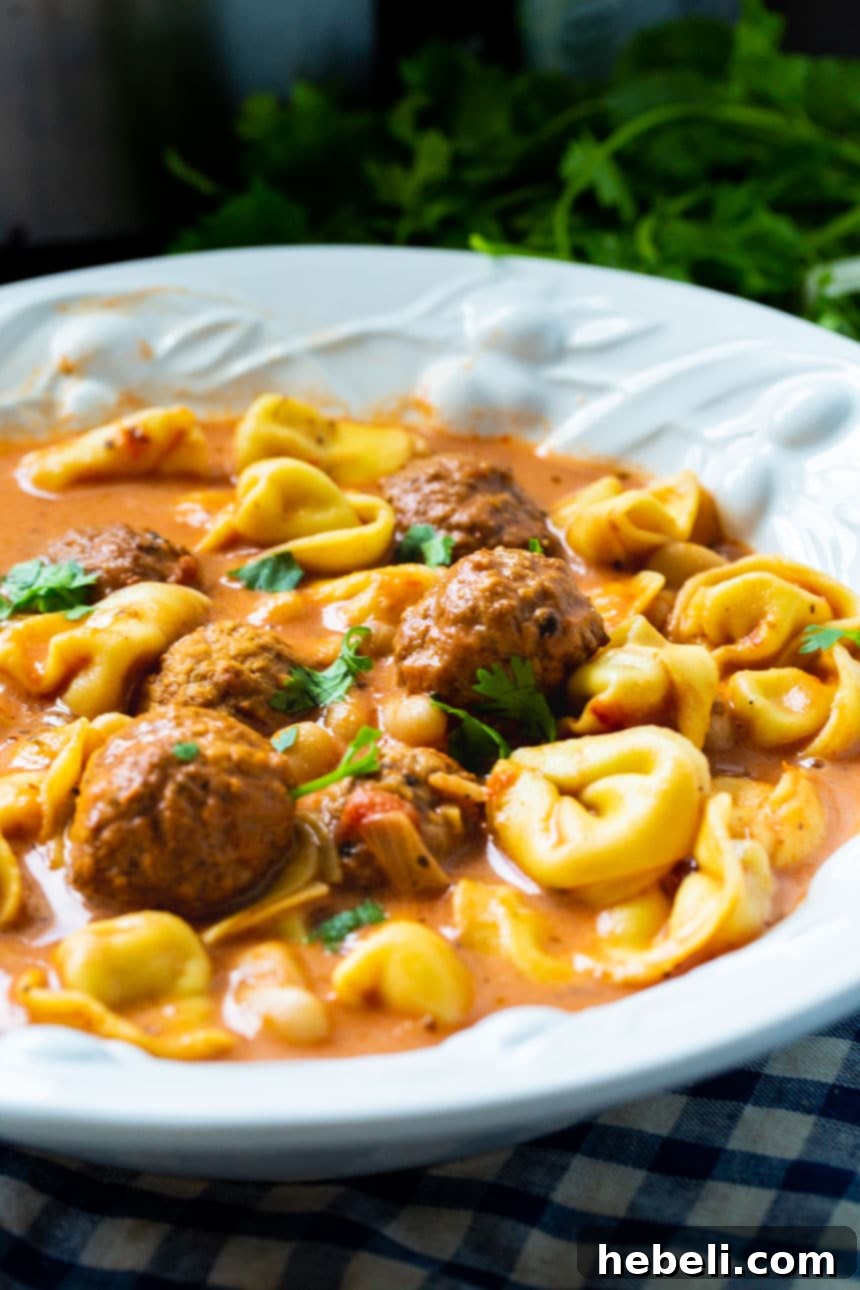 Crockpot Meatball Tortellini Soup 4 A white bowl filled with creamy Slow Cooker Meatball and Tortellini Soup, garnished with fresh herbs, ready to be enjoyed.