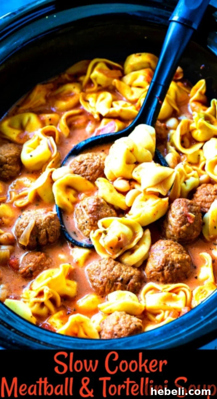 Crockpot Meatball Tortellini Soup 6 Close-up of Slow Cooker Meatball and Tortellini Soup, highlighting the rich broth, meatballs, and tortellini, ready to be enjoyed.