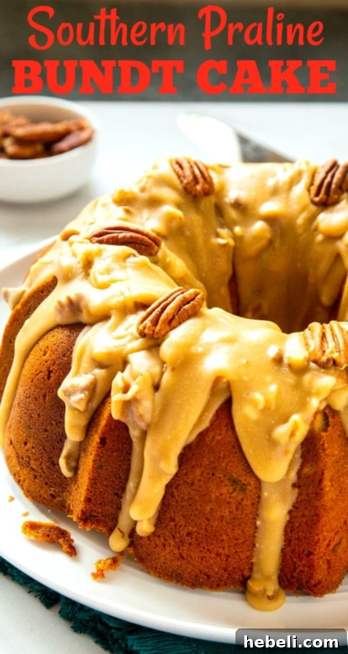 Southern Pecan Praline Bundt Delight 6 Southern Praline Bundt Cake is generously loaded with pecans and covered in a sweet, buttery praline icing.
