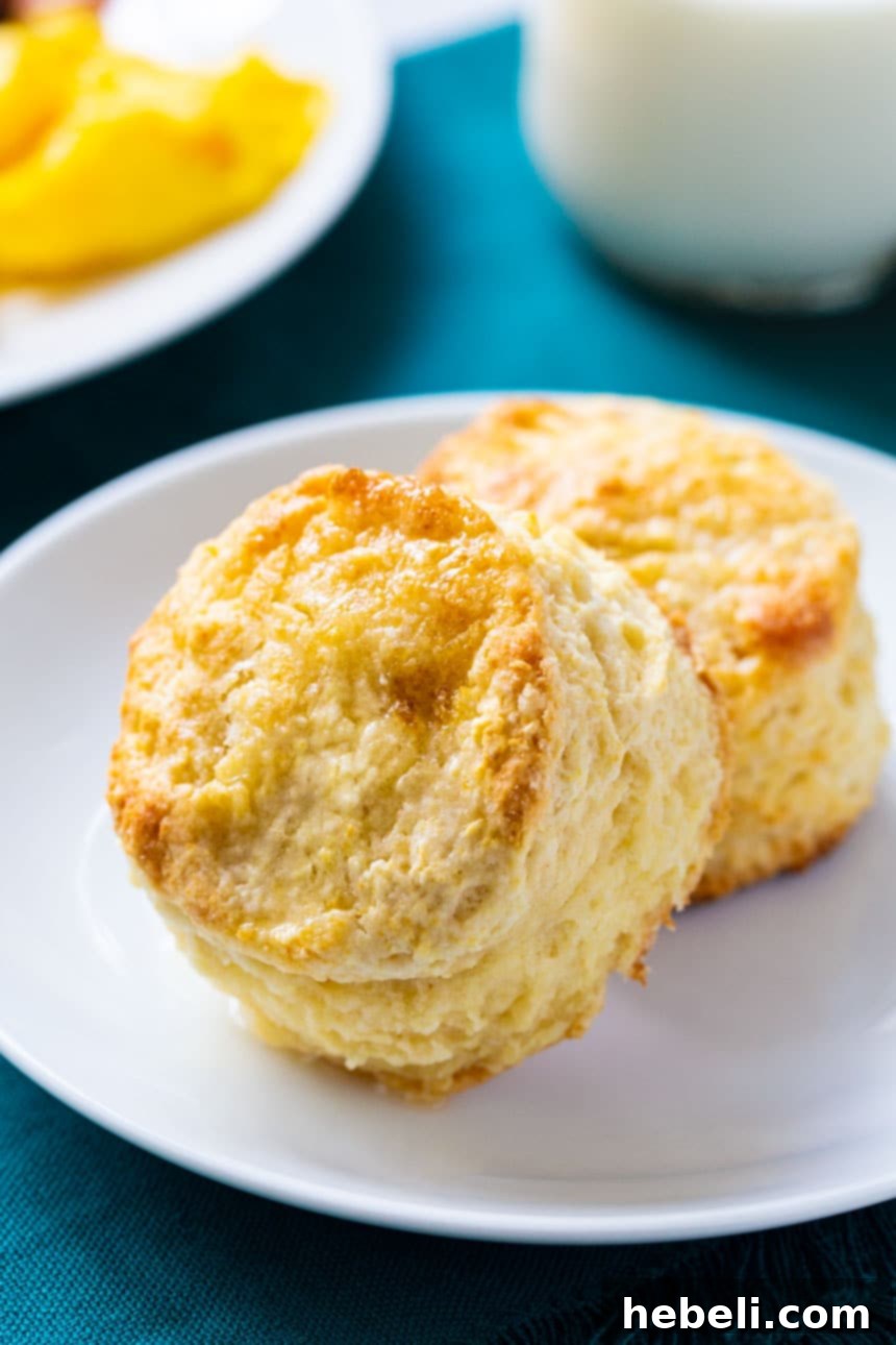 Two perfectly baked Sweet Little Biscuits stacked on a white plate, ready to be enjoyed with butter, jam, or as part of a meal.