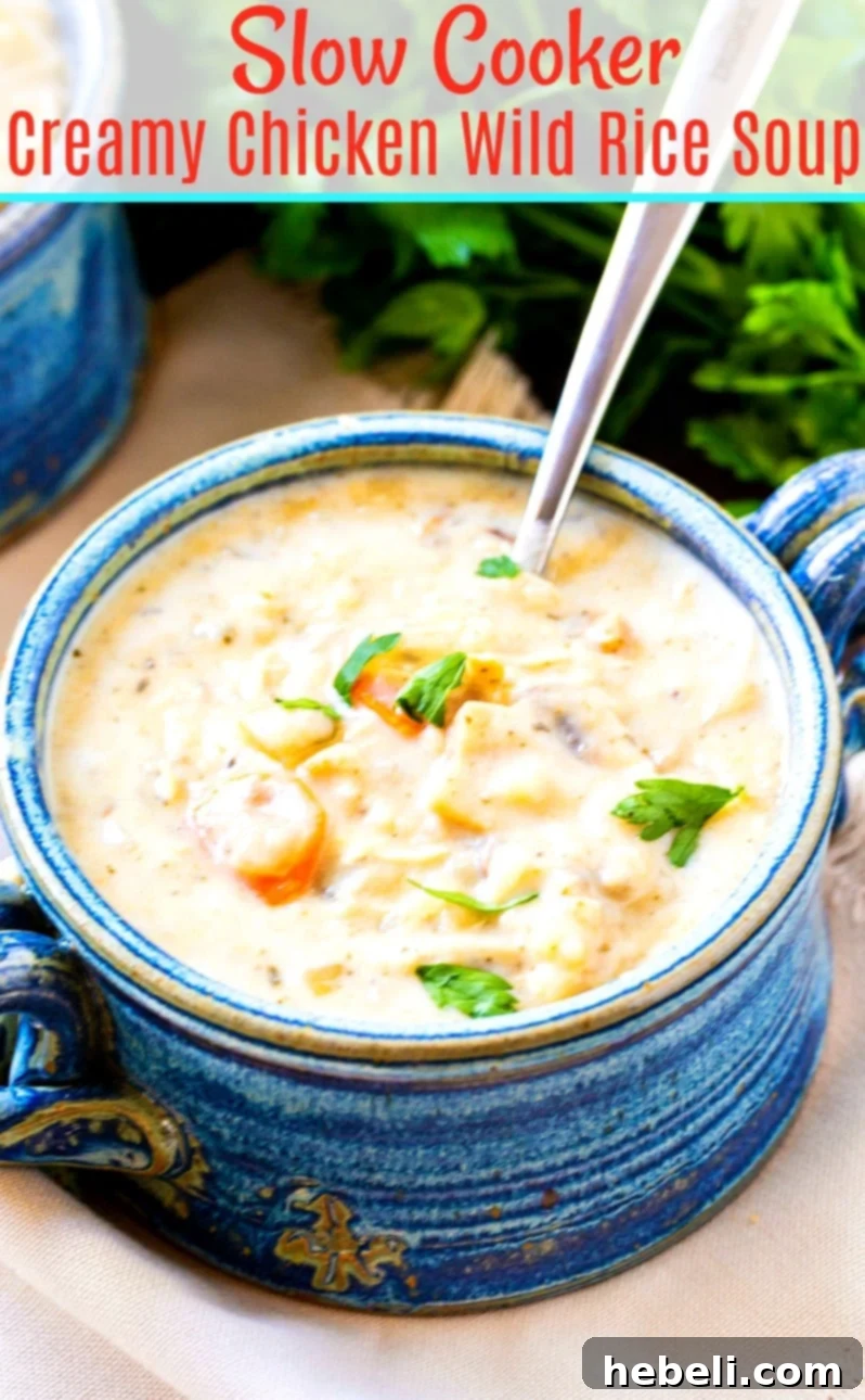Close-up of a bowl of Slow Cooker Creamy Chicken Wild Rice Soup, highlighting its rich texture and ingredients.