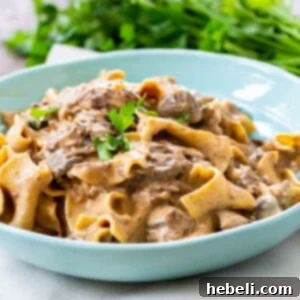 Slow Cooker Beef Storganoff in a bowl.