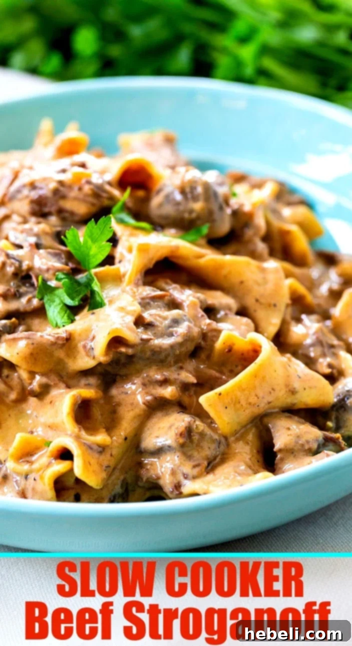 A close-up shot of Slow Cooker Beef Stroganoff, highlighting the texture and richness.