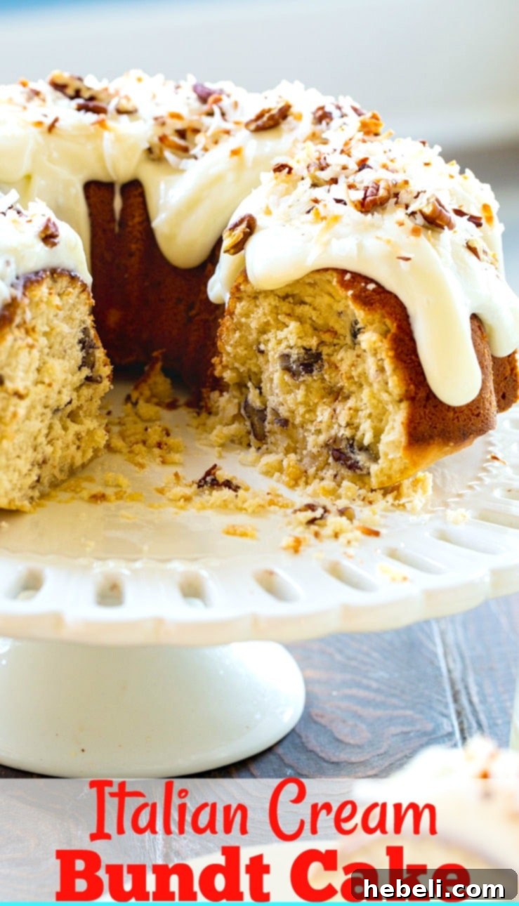 Decadent Italian Cream Bundt Cake 6 Close-up shot of the beautifully glazed Italian Cream Bundt Cake, garnished with toasted pecans and coconut.