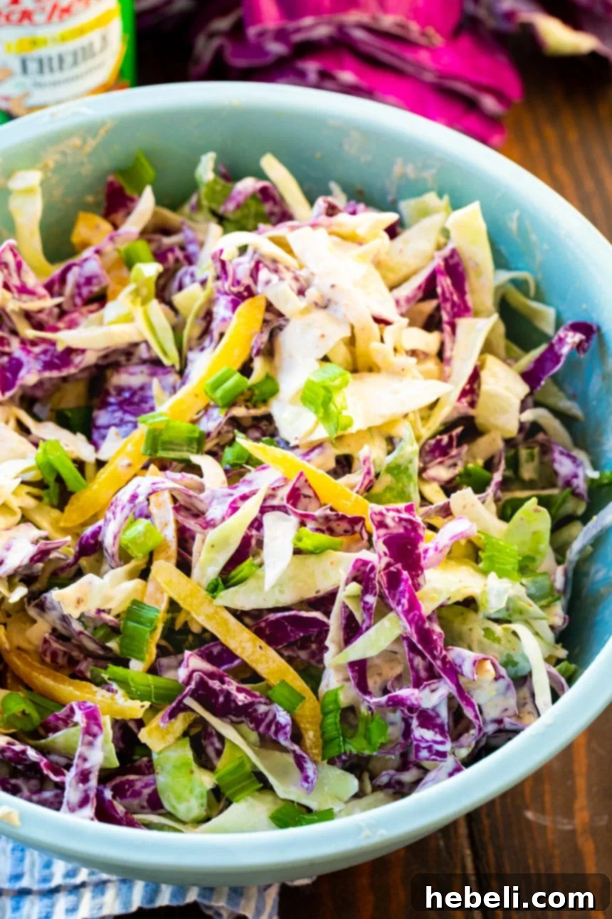 Zesty Creole Coleslaw 3 Coleslaw in a large blue bowl, ready to serve.