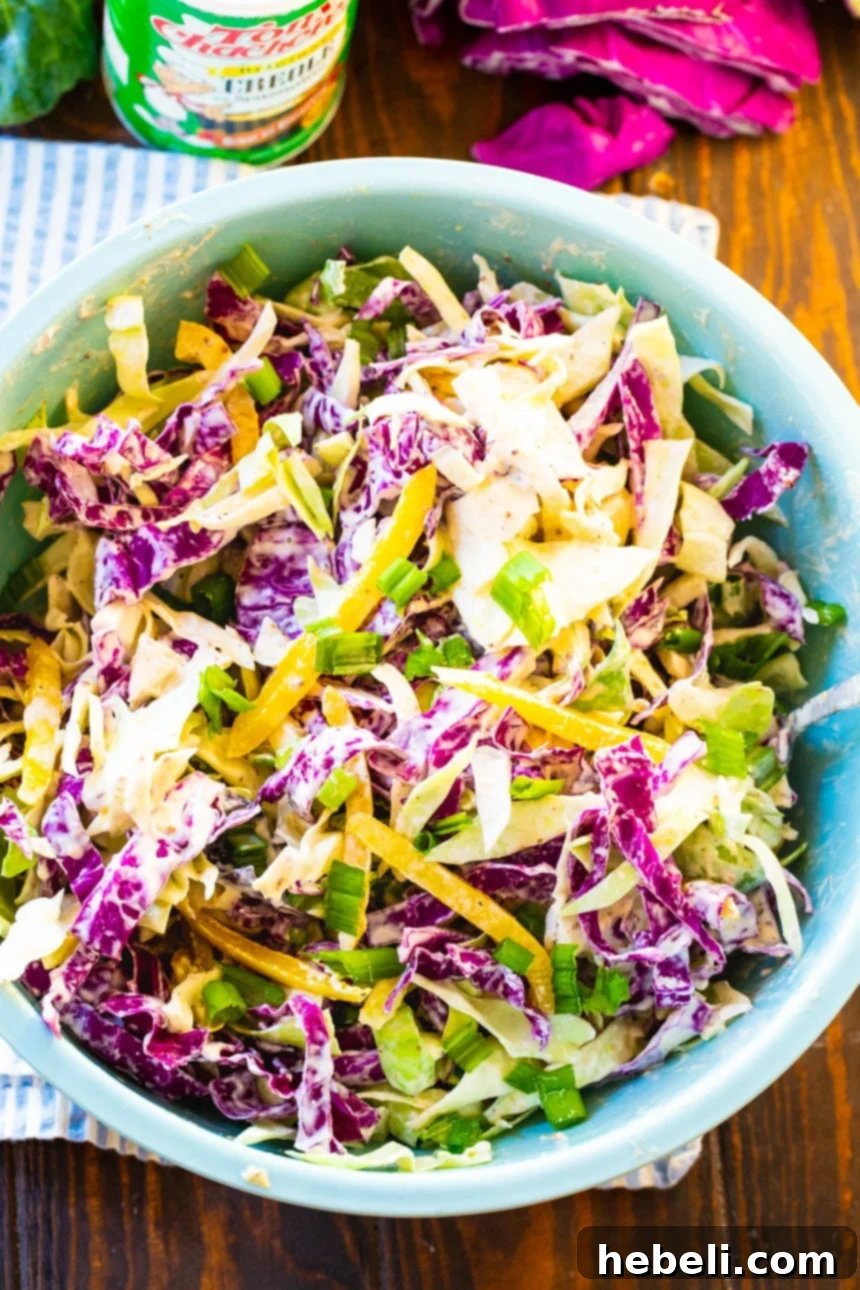 Zesty Creole Coleslaw 4 Overhead shot of Creamy Creole Coleslaw in a large blue bowl, garnished with green onions.