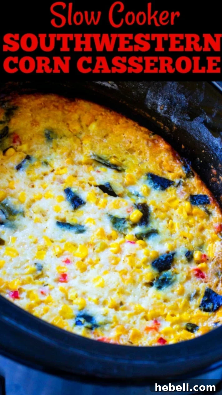 A close-up of Slow Cooker Southwestern Corn Casserole, garnished with fresh herbs, ready to be enjoyed as a hearty and flavorful side dish.