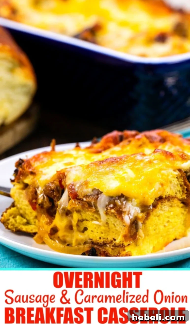 A wide shot of the finished Overnight Sausage and Caramelized Onion Breakfast Casserole, showcasing its rustic beauty and golden, bubbly top. The dish is presented on a wooden surface.