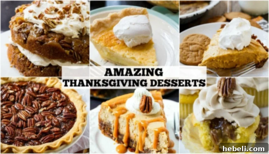 Collage of 6 Thanksgiving desserts including pies, cakes, and other sweet treats, perfect for a festive holiday table.