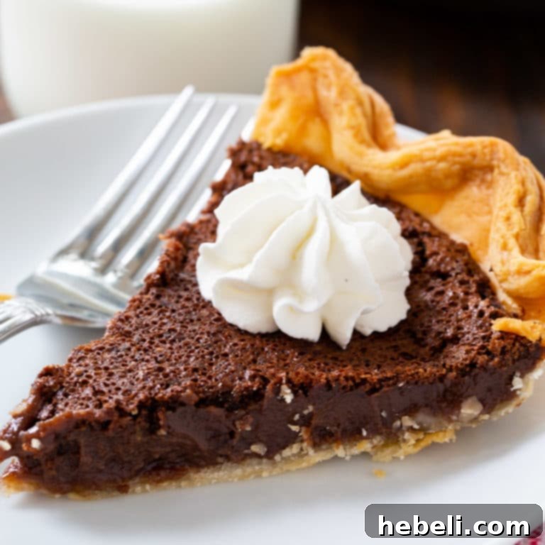 A slice of Chocolate Chess Pie, topped with a delicate swirl of whipped cream, presented on a simple white plate.