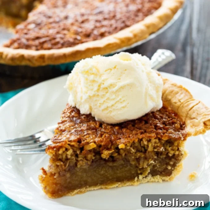 A perfectly portioned slice of Oatmeal Pie on a plate, showing its chewy texture and appealing golden color.