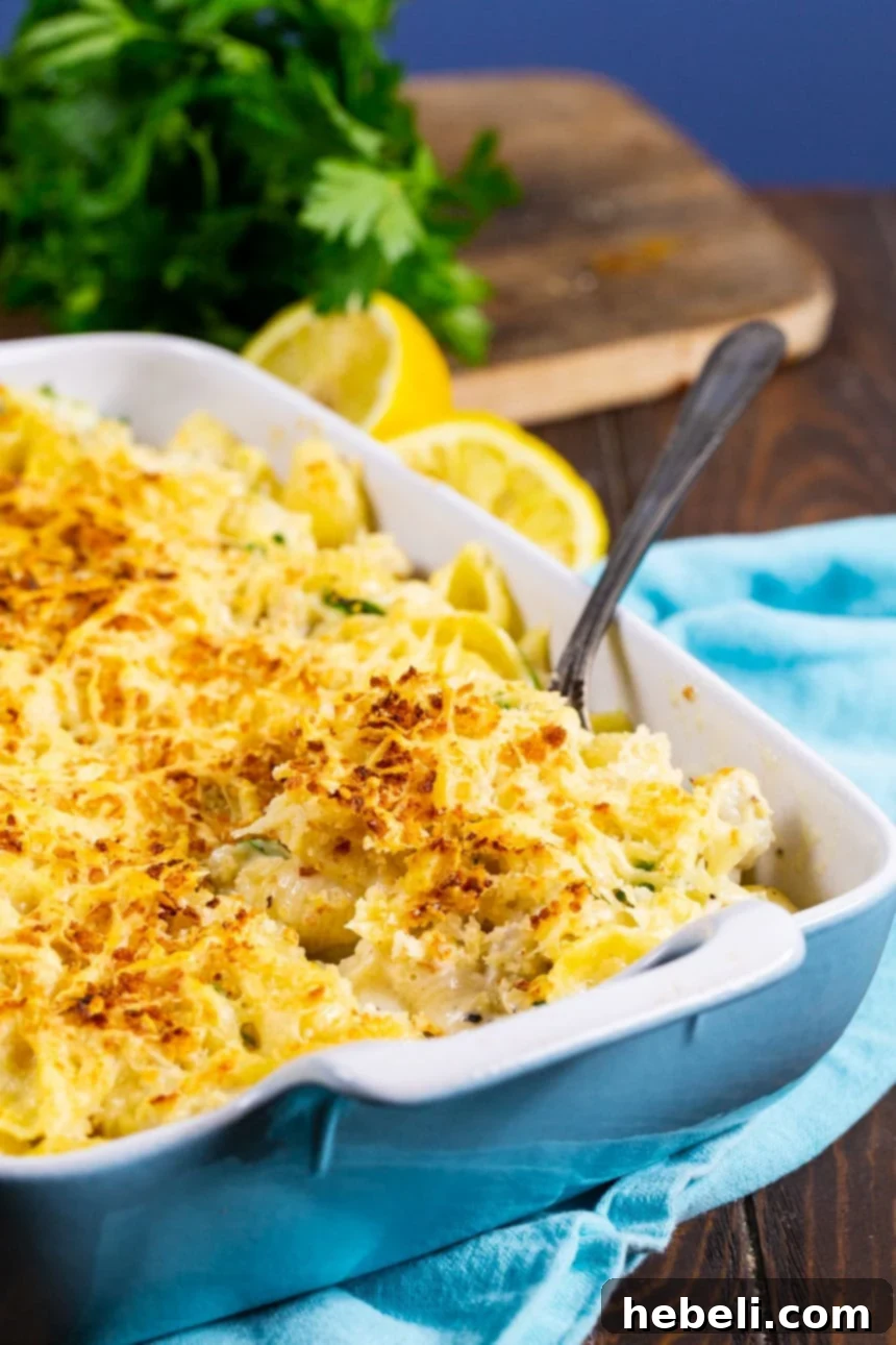 Creamy Crab Alfredo Shells 3 A spoon scooping creamy Crab Alfredo Shells out of a baking dish, highlighting the rich sauce and crab.