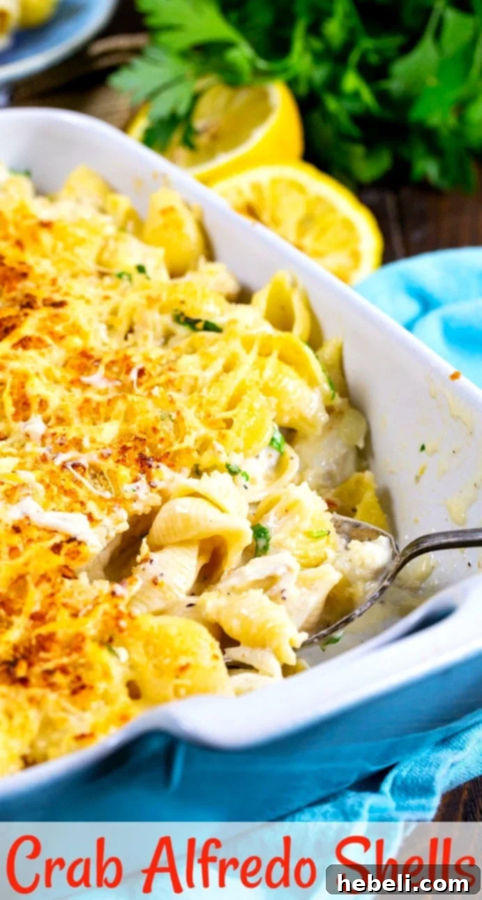 Creamy Crab Alfredo Shells 6 A close-up of the baked Crab Alfredo Shells in the baking dish, showing the bubbly sauce and crispy topping.
