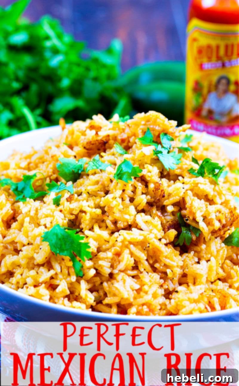 Close-up of Perfect Mexican Rice in a bowl, showing the individual grains and fresh cilantro garnish.