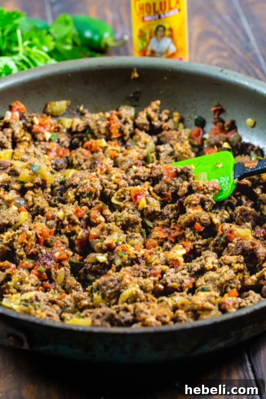 Your New Favorite Taco Meat 3 Close-up of Best Ever Taco Meat simmering in a skillet, showcasing its rich texture and color.