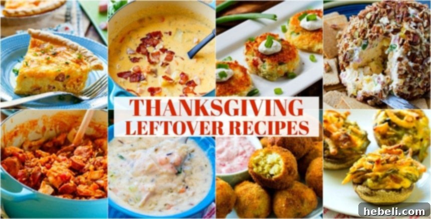 A vibrant display of Thanksgiving leftover dishes creatively repurposed into new meals, featuring turkey, ham, mashed potatoes, and stuffing.