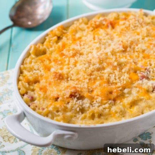 Creamy Mac and Cheese with Ham, bubbling hot in a casserole dish.